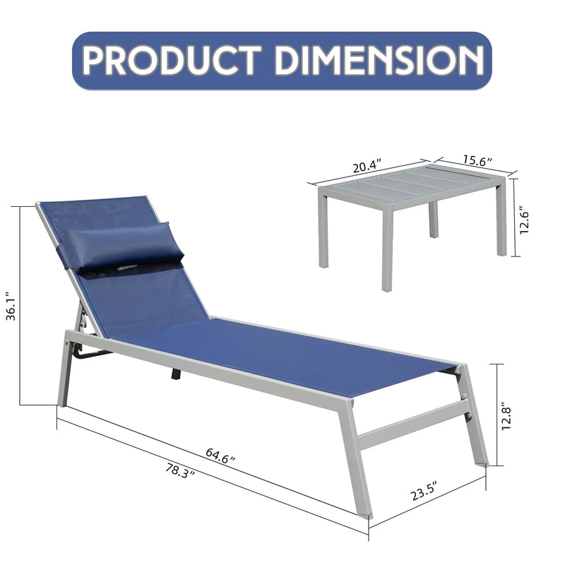 Patio Chaise Lounge Set of 3 with Side Table - Navy Blue by HouseOfZazla