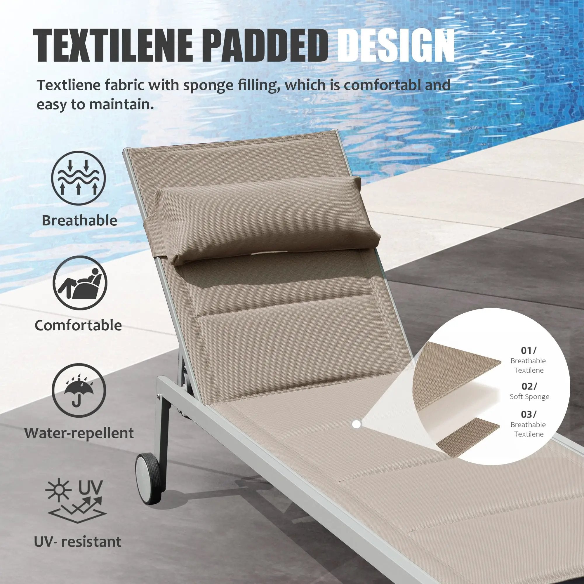 Outdoor Patio Chaise Lounge Set of 3 with Side Table and Wheels (Khaki) by HouseOfZazla