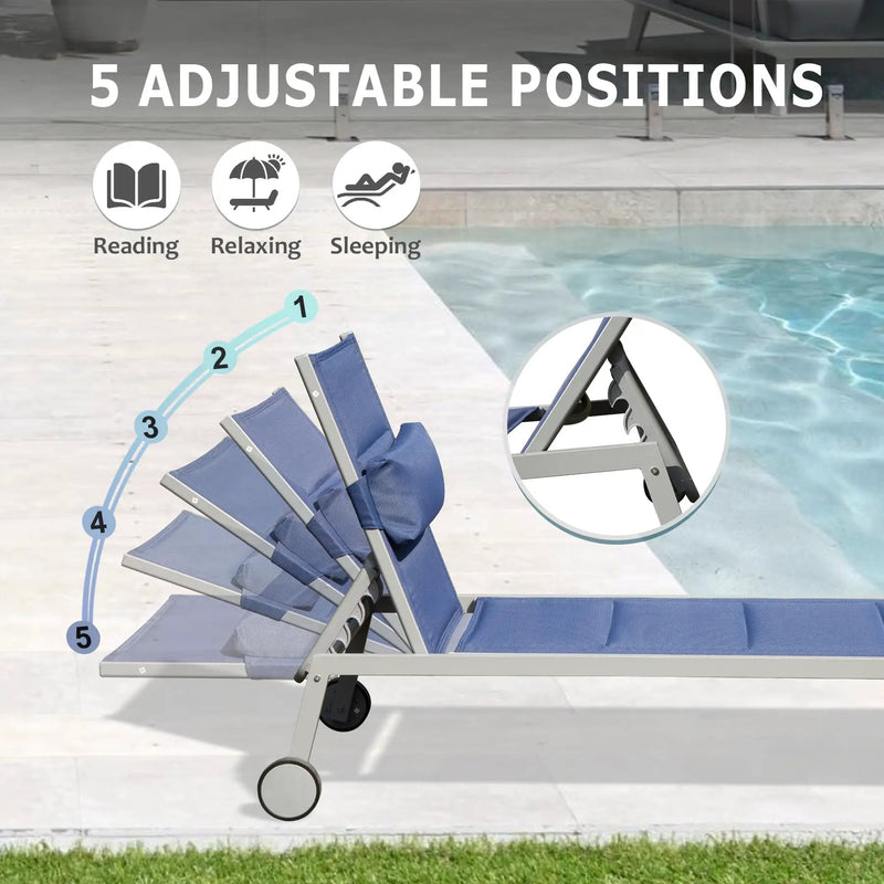Outdoor Patio Chaise Lounge Set of 3, Aluminum Pool Lounge Chairs with Side Table and Wheels by HouseOfZazla