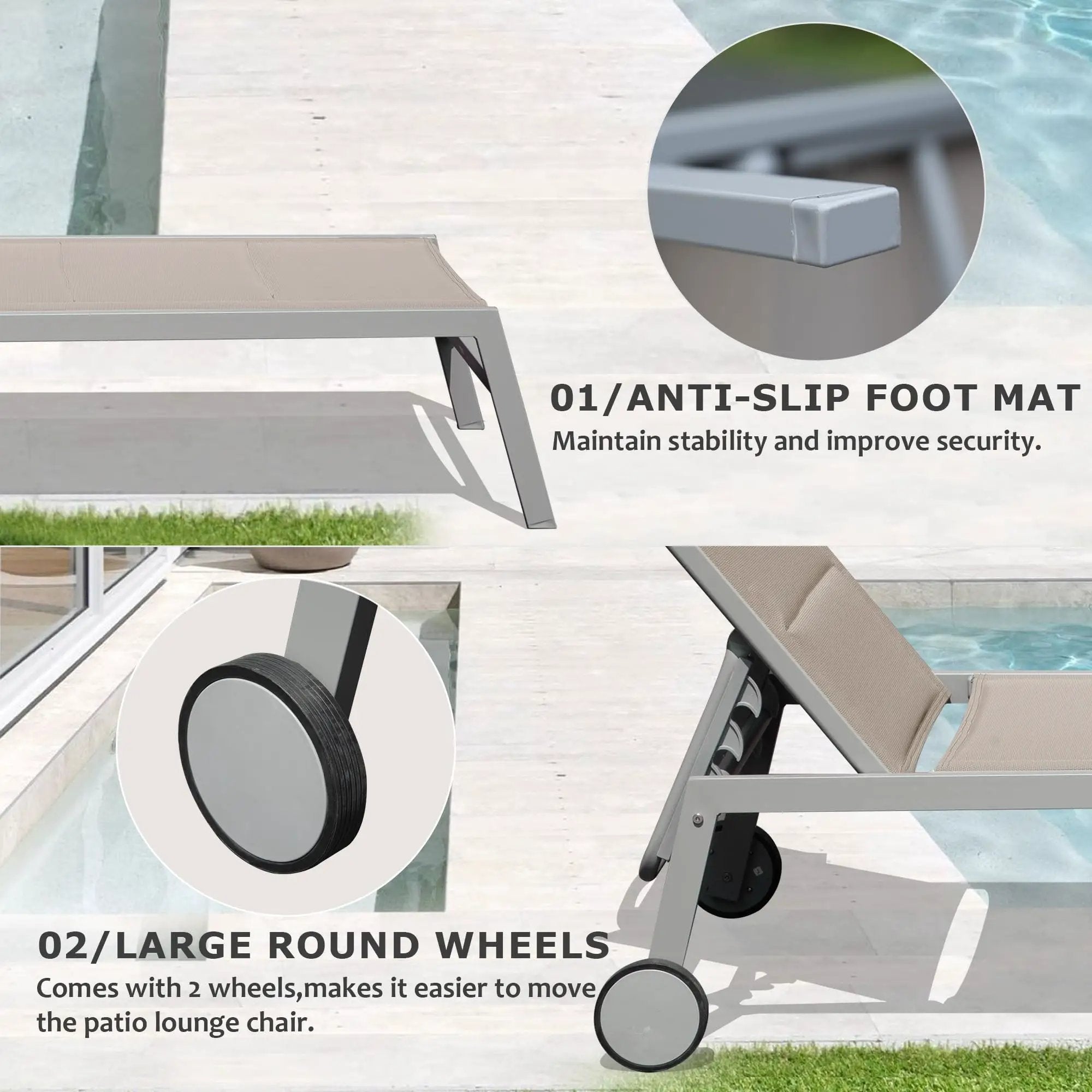 Outdoor Patio Chaise Lounge Set of 3 with Side Table and Wheels (Khaki) by HouseOfZazla
