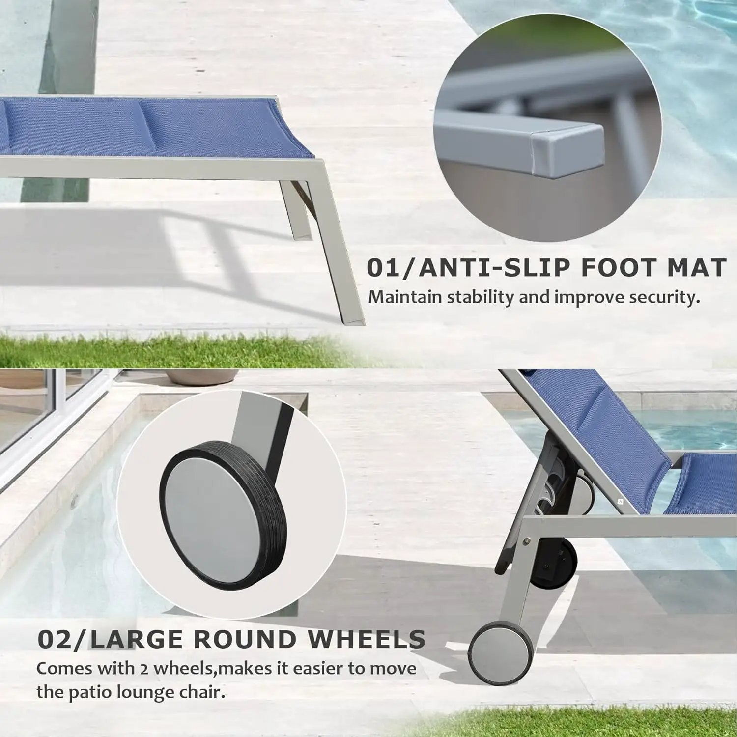 Outdoor Patio Chaise Lounge Set of 3, Aluminum Pool Lounge Chairs with Side Table and Wheels by HouseOfZazla