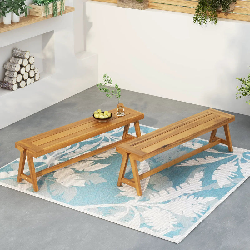 Outdoor Dining Benches (Set of 2) - Acacia Wood with Teak Finish by HouseOfZazla