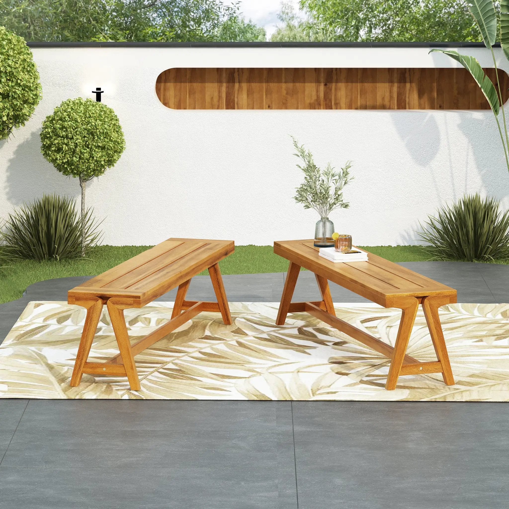 Outdoor Dining Benches (Set of 2) - Acacia Wood with Teak Finish by HouseOfZazla