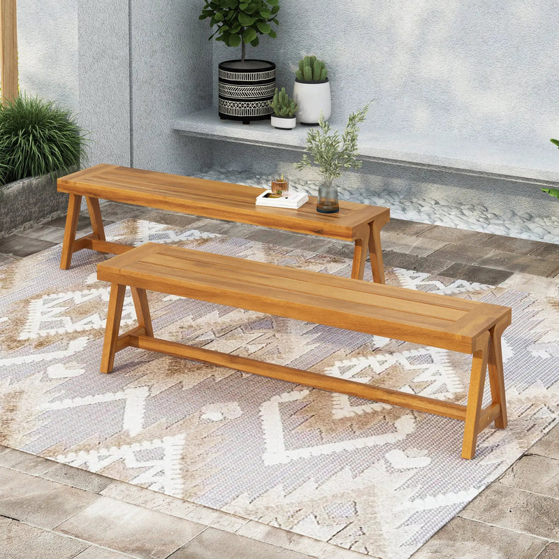 Outdoor Dining Benches (Set of 2) - Acacia Wood with Teak Finish by HouseOfZazla