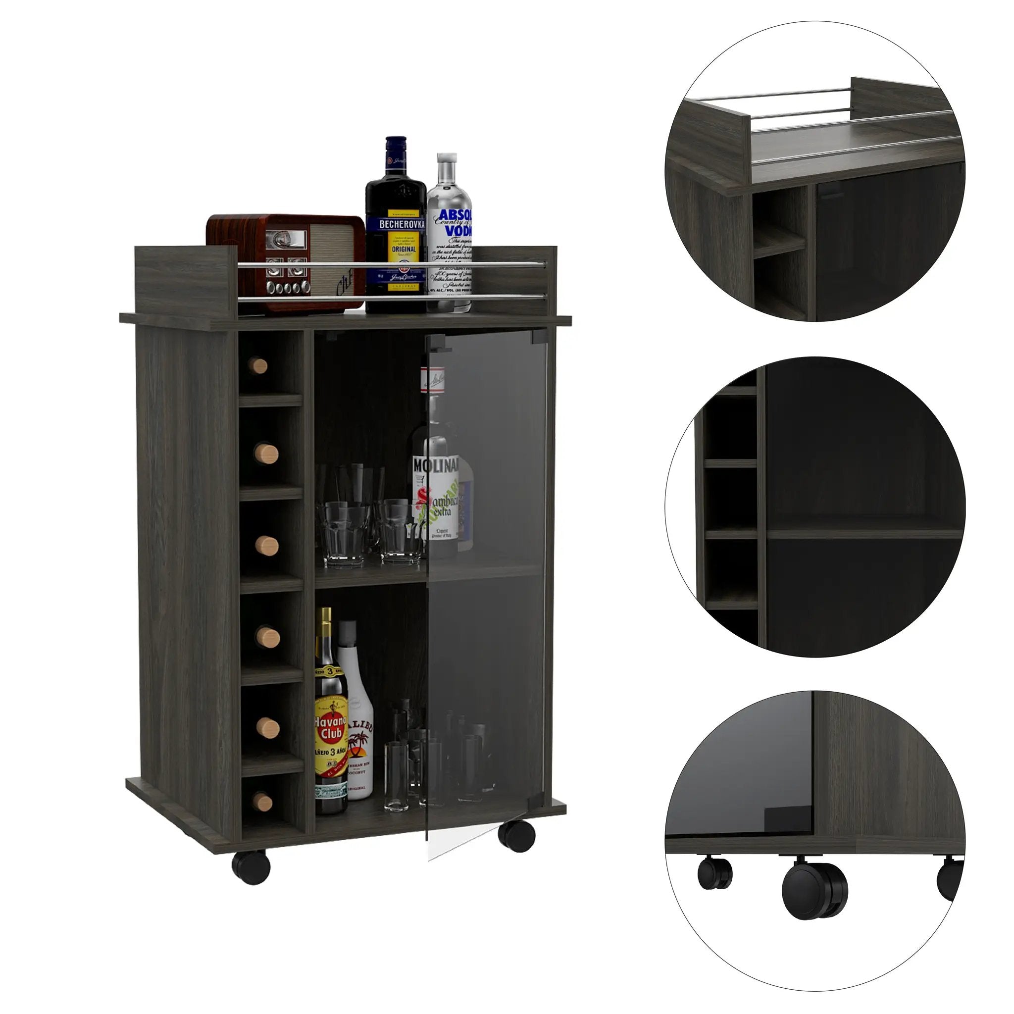 Dukat Bar Cart, Two Shelves, Six Built-in Wine Rack - Espresso by HouseOfZazla