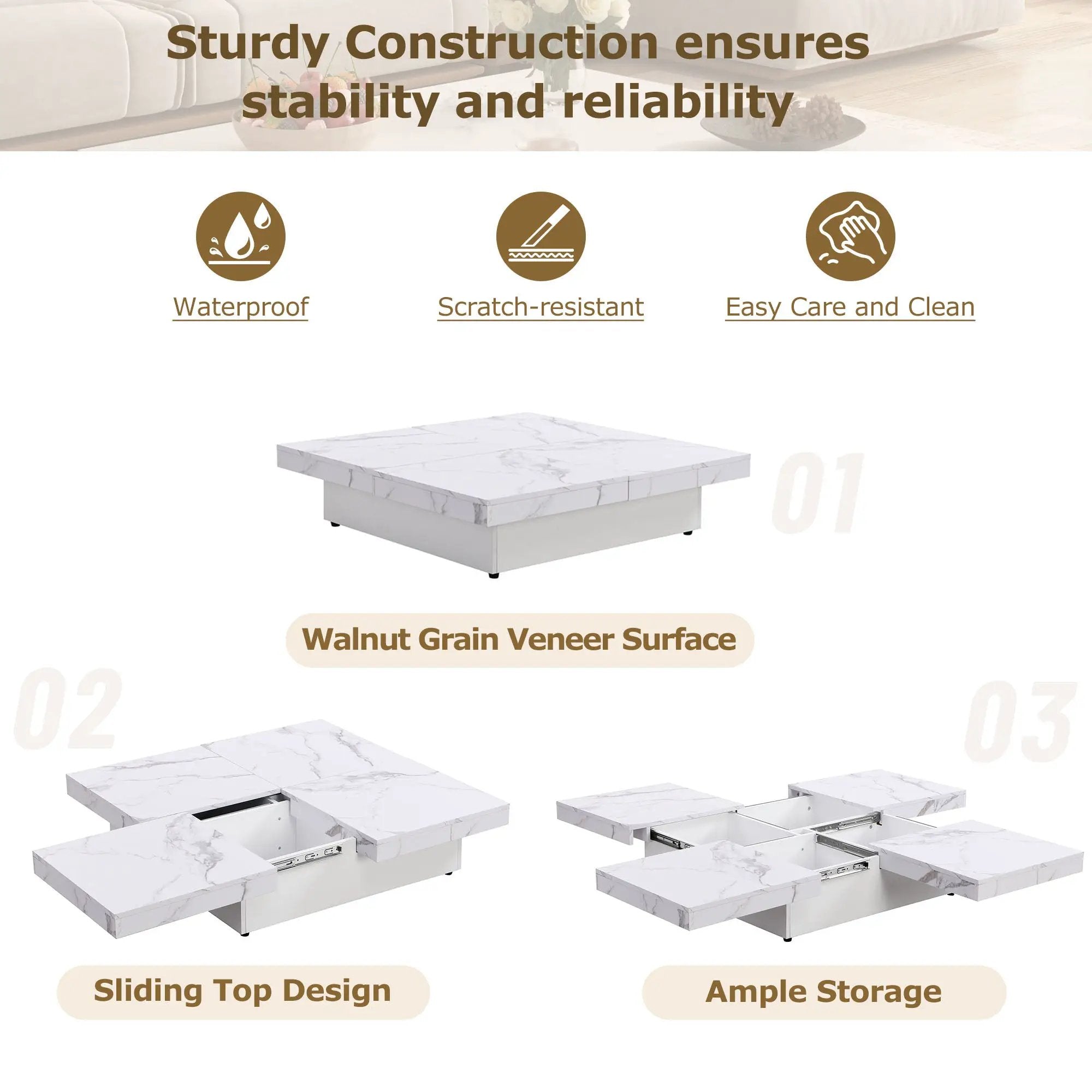 Square Marble Veneer Coffee Table with Sliding Top by HouseOfZazla