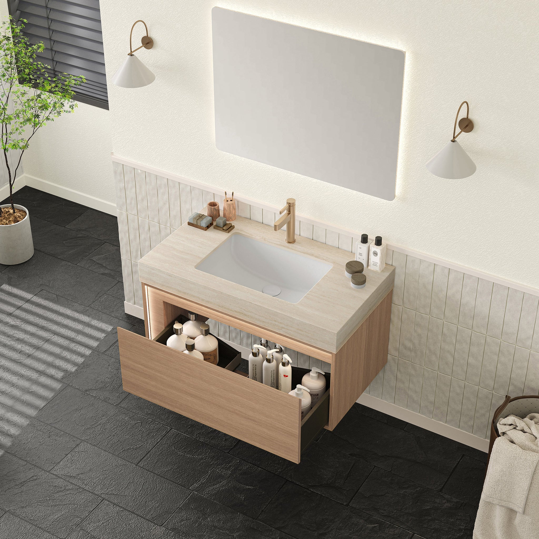 NYAH 36'' Bathroom Vanity & Sink - Floating Ultra-Slim Grille Design by HouseOfZazla