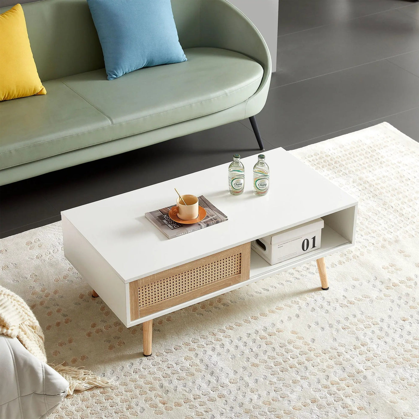 41.34" Rattan Coffee Table, Sliding Door For Storage, Solid Wood Legs, Modern Table For Living Room by Unique Piece Furniture