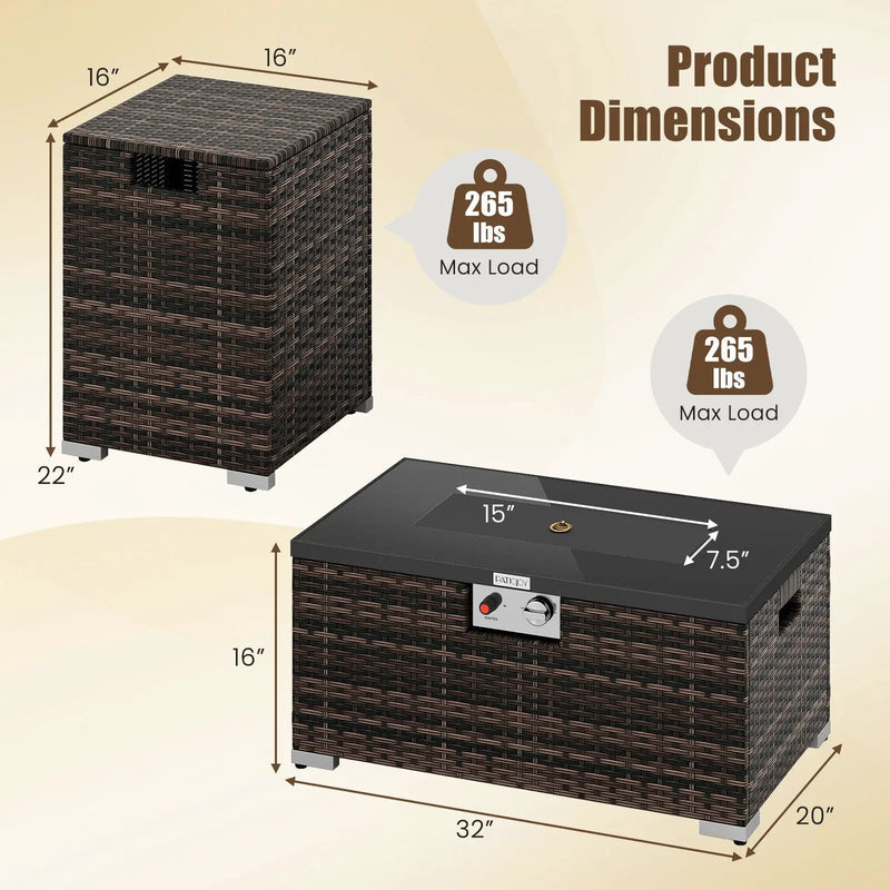 2-Piece Outdoor Rattan Fire Table Set 32 Inch Rectangle Gas Firepit with Tank Cover by DirectDeals