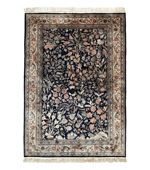 Silk Rug 4x6, Black and Cream, Floral & Bird Pictorials, Fine 330 KPSI, Sino Persian Rug