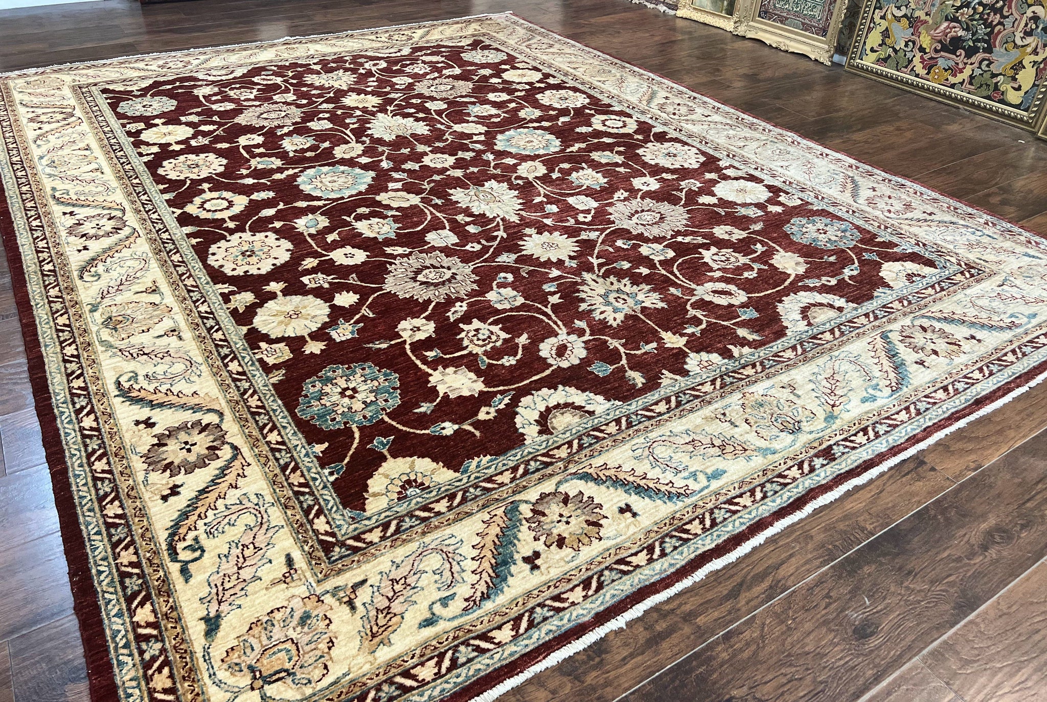Peshawar Rug 9x11, Pakistani Oriental Carpet, Maroon and Beige, Floral Allover, Wool Hand Knotted Handmade Vintage Rug by Jewel Rugs