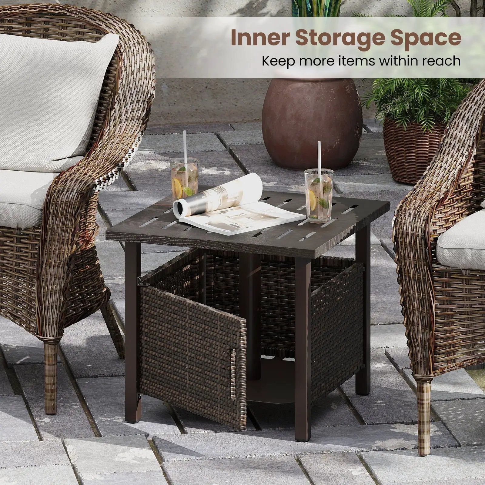 Outdoor Side Table with 1.93" Umbrella Hole All-Weather PE Wicker Patio Umbrella Table-Brown by DirectDeals