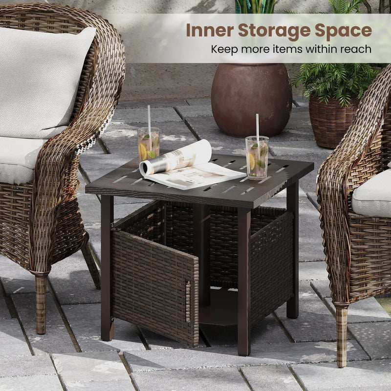 Outdoor Side Table with 1.93" Umbrella Hole All-Weather PE Wicker Patio Umbrella Table-Brown by DirectDeals