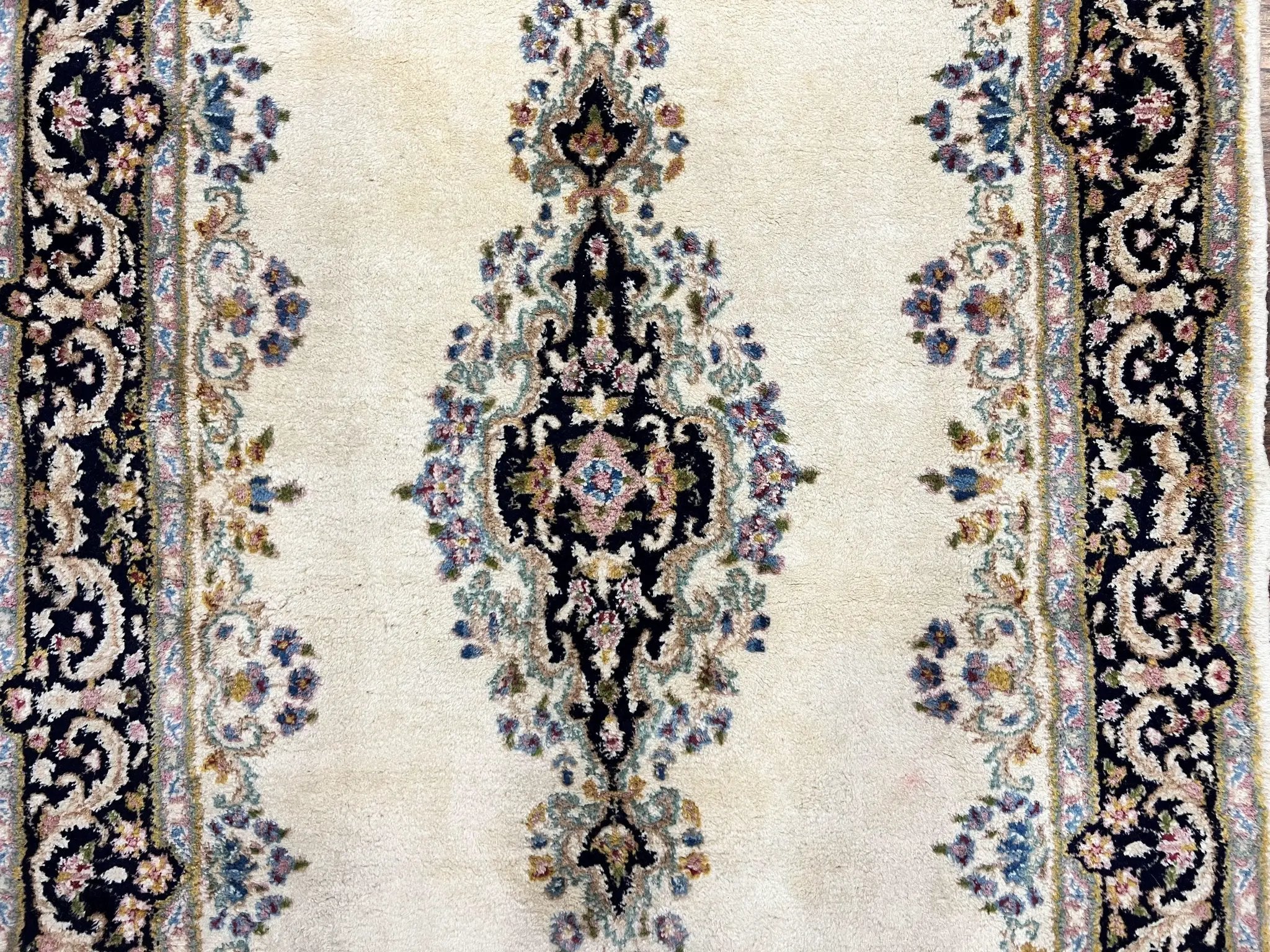 Persian Kirman Rug 4x7, Wool Hand Knotted Antique Carpet, Beige, Semi Open Field Medallion Rug, Traditional Handmade Oriental Rug by Jewel Rugs