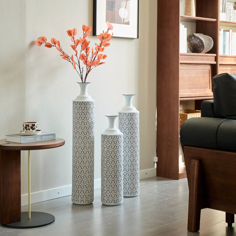 Modern Floor Vase Set Metal Vases With Geometric Pattern, 3 Piece Home Decor Set - White / Black by Unique Piece Furniture