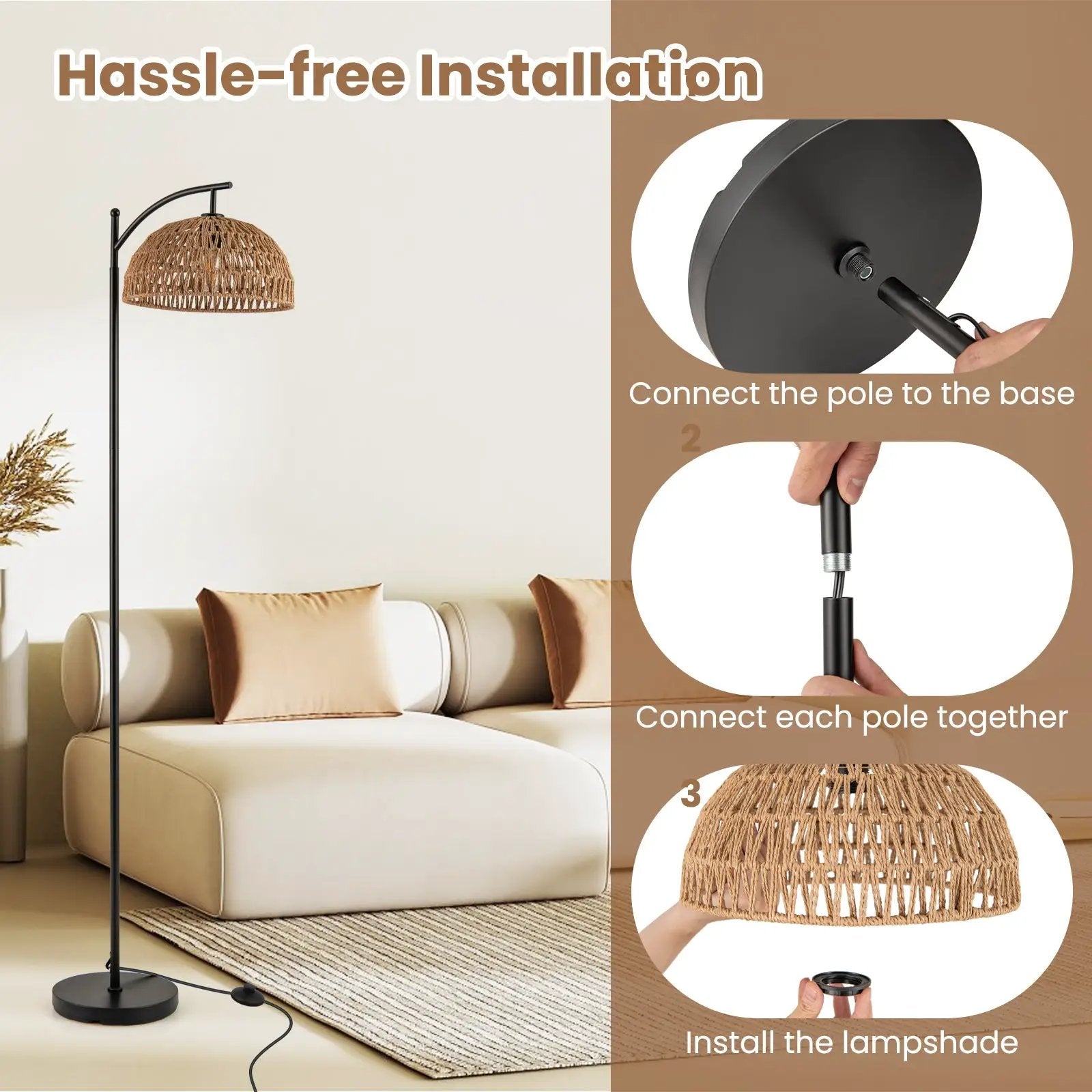 Arc Floor Lamp 63 Inches Tall Pole Lamp with Hanging Lampshade-Black by DirectDeals