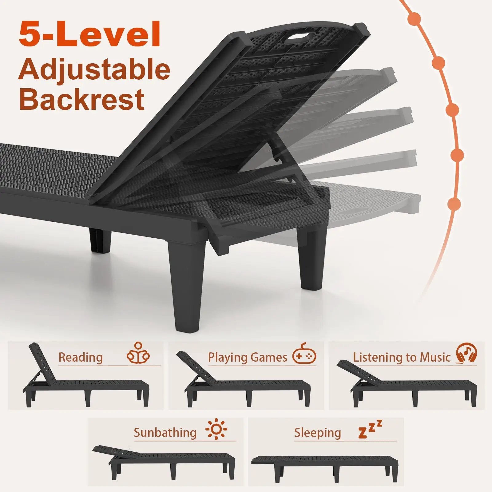 Outdoor PP Chaise Lounge Chairs Set of 2 with 4-Position Adjustable Backrests by DirectDeals