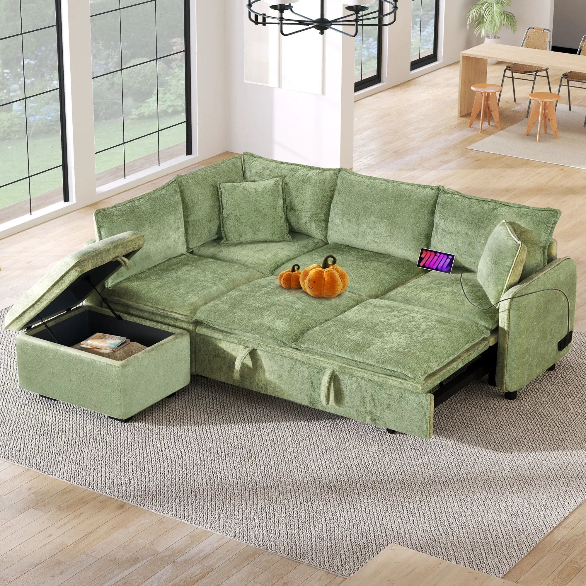 Convertible Sofa Bed Sectional Sofa Sleeper L-Shaped Sofa With A Storage Ottoman, Two Pillows, Two Power Sockets And Two USB Ports For Living Room by Unique Piece Furniture