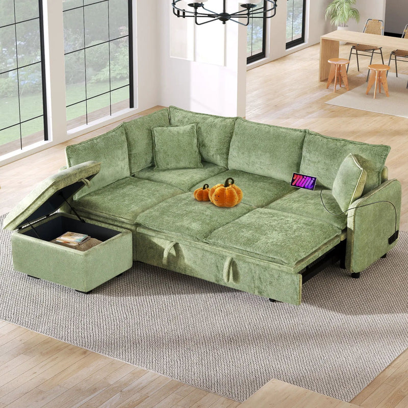 Convertible Sofa Bed Sectional Sofa Sleeper L-Shaped Sofa With A Storage Ottoman, Two Pillows, Two Power Sockets And Two USB Ports For Living Room by Unique Piece Furniture