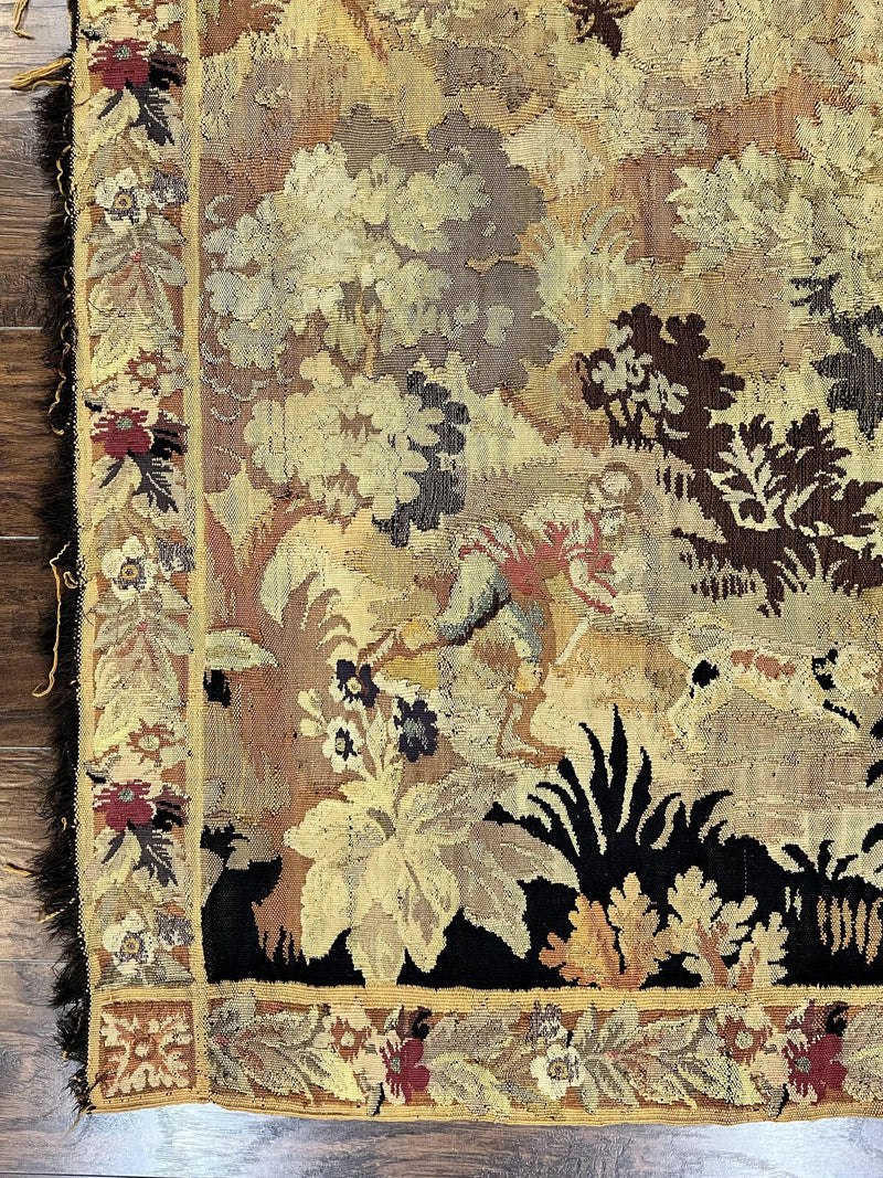Antique French Tapestry 6x5 ft, European Handmade Wool Aubusson Weave Vintage Tapestry by Jewel Rugs