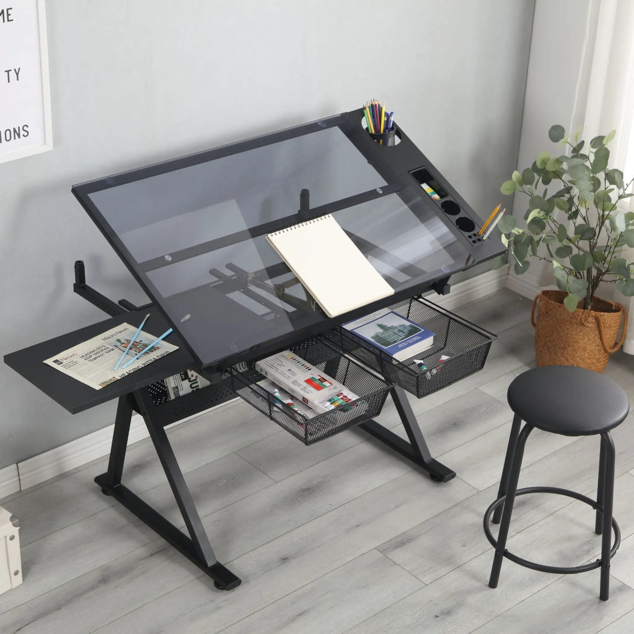 Adjustable Tempered Glass Drafting Printing Table With Chair by Unique Piece Furniture
