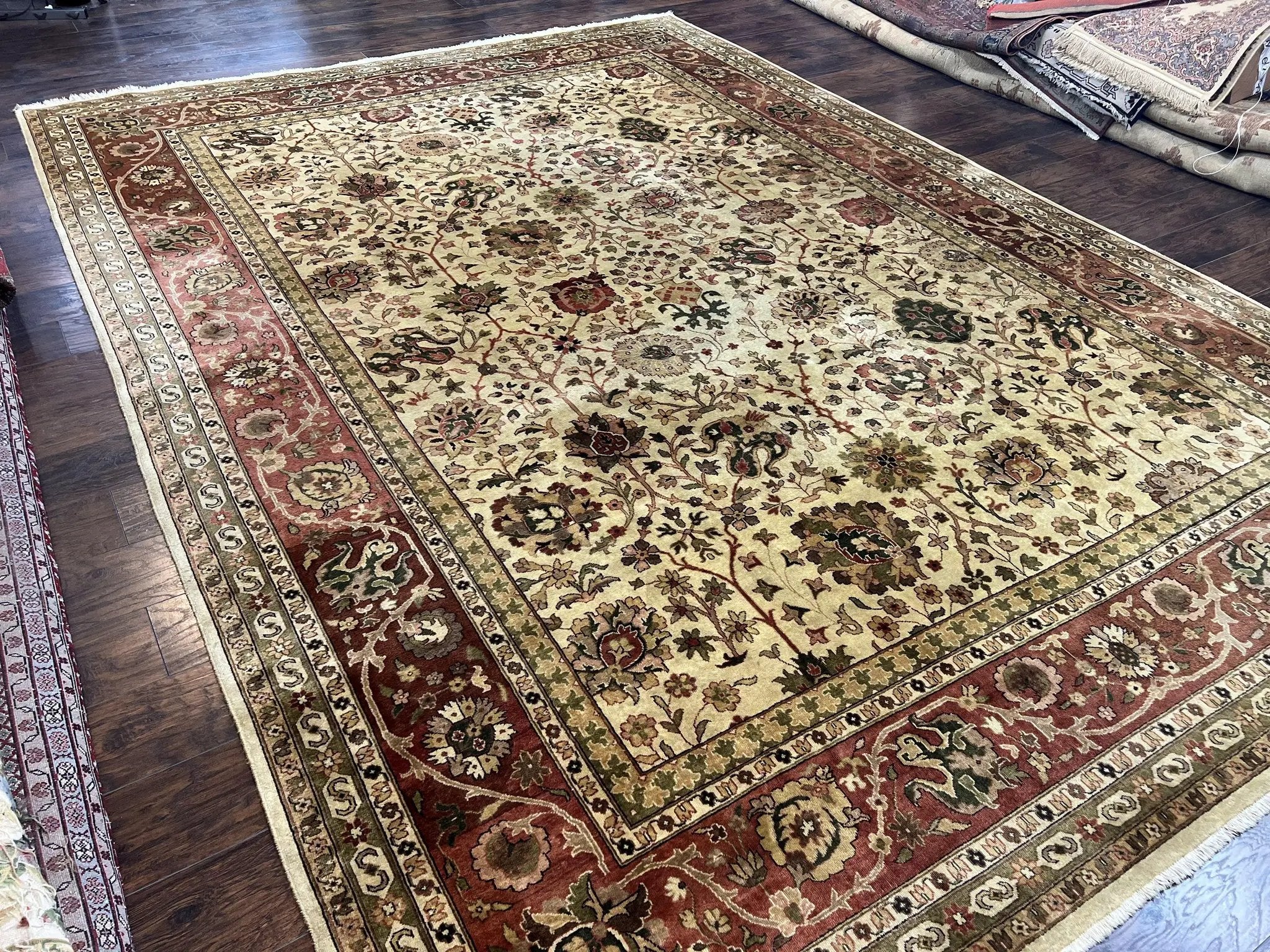 Large Indian Rug 10x14, Hand Knotted Indo Persian Gandehar Oriental Carpet, Vintage Wool Rug 10 x 14 ft Cream Red Floral Allover Traditional by Jewel Rugs