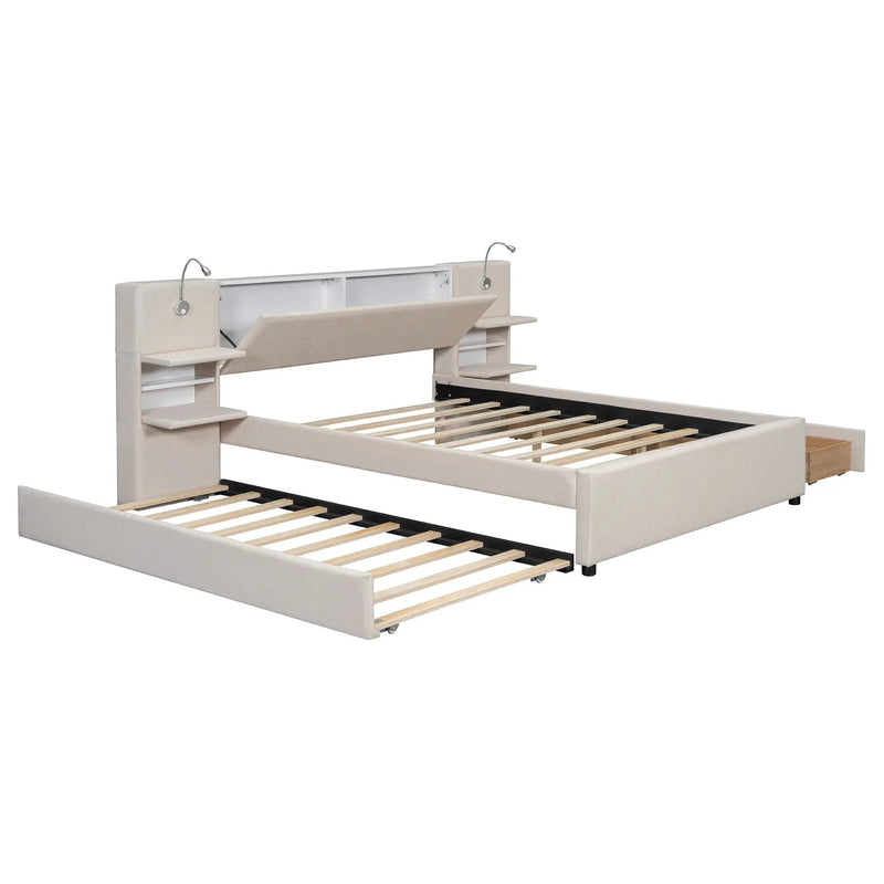 Upholstered Platform Bed With Reading Lights, Drawers, Trundle And Shelves by HouseOfZazla