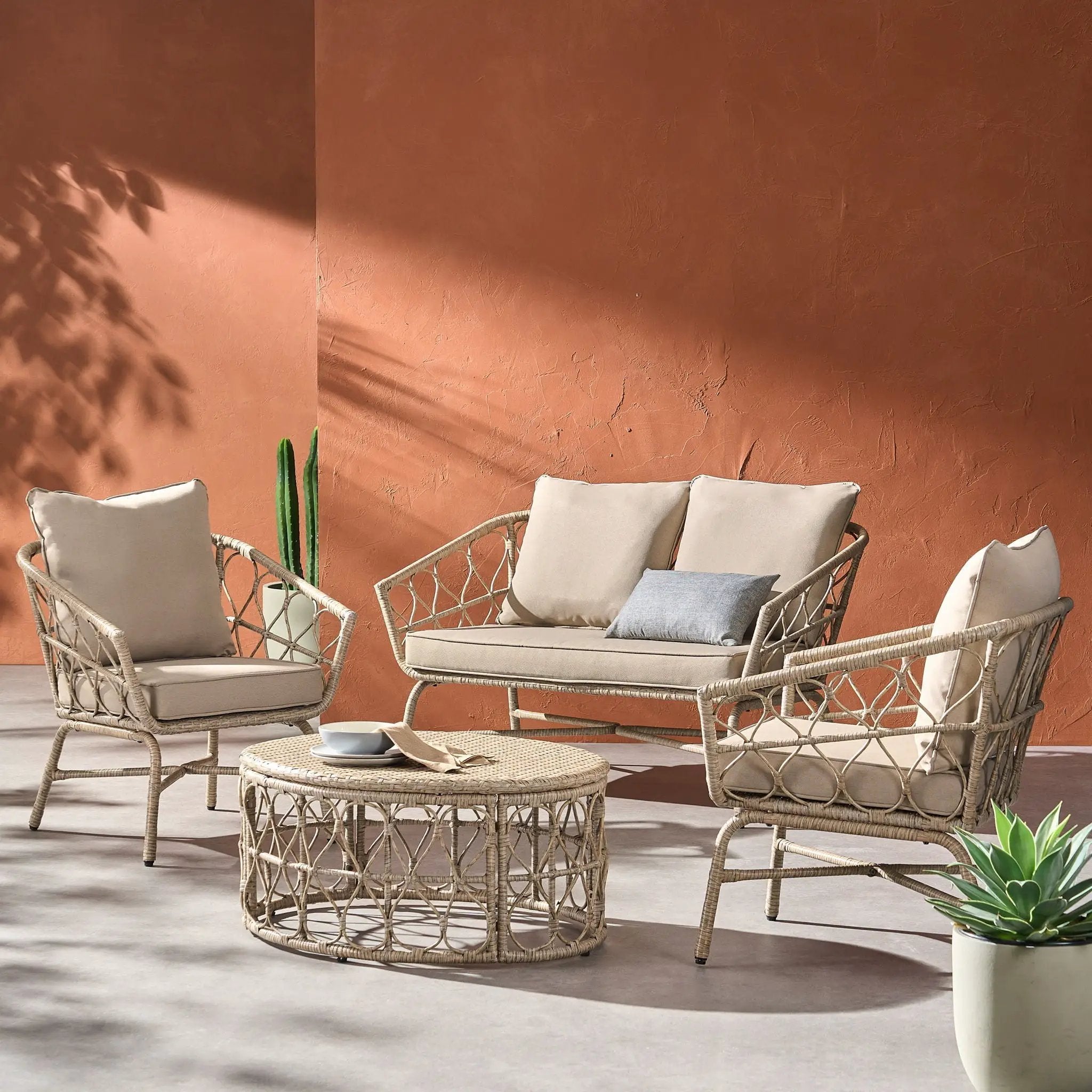 Bruce Boho Inspired 4 Pieces Chat Set with Water Resistant Cushions - Brown by HouseOfZazla