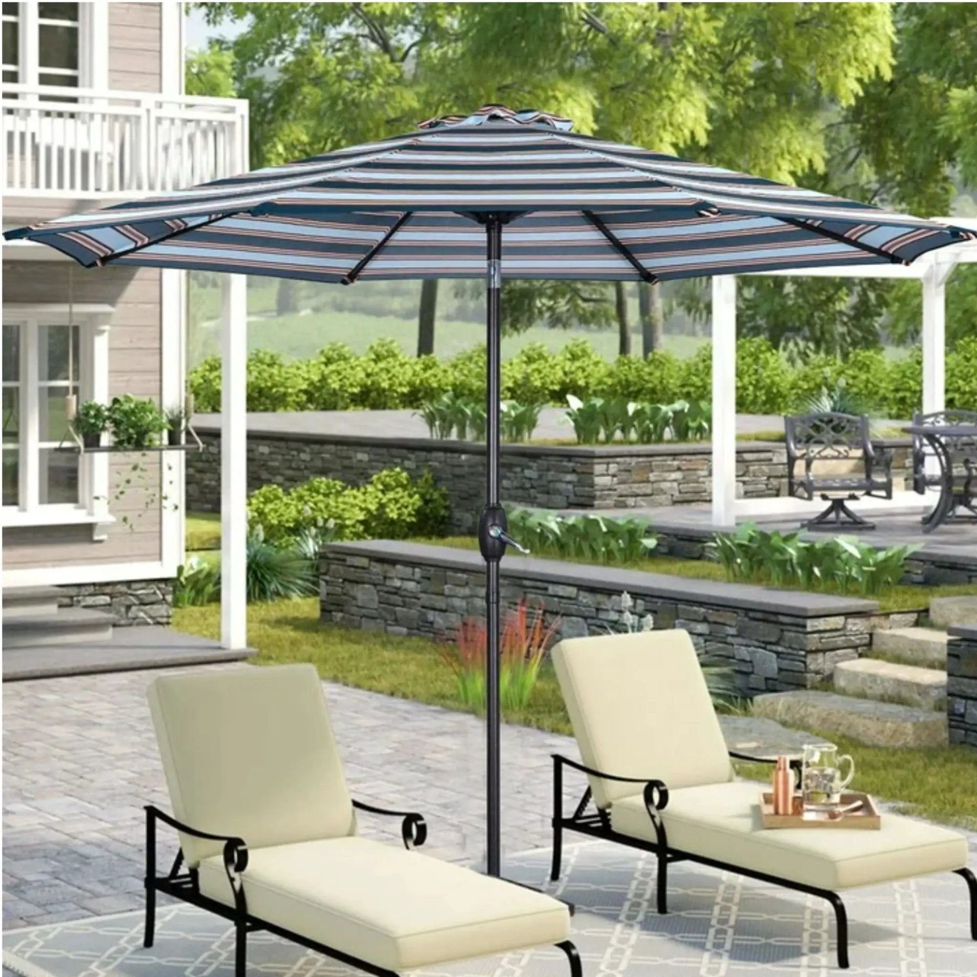 Patio Umbrella With Crank Lift & Push Button Tilt Frame, 200G / Sqm Solution Dyed Canopy - Blue Multi / Brown by HouseOfZazla