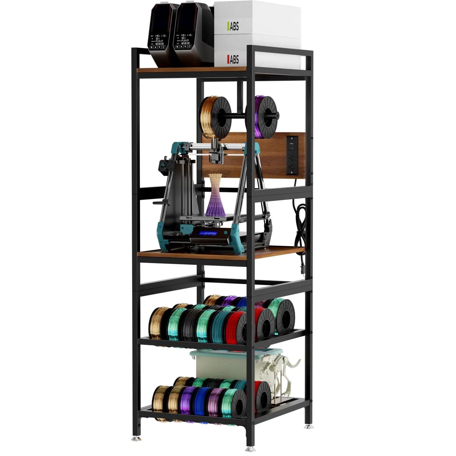 3D Printer Stand With Filament Storage, T-Type Holder, Built In Power Panelб Open Frame Printer Workstation - Black by HouseOfZazla