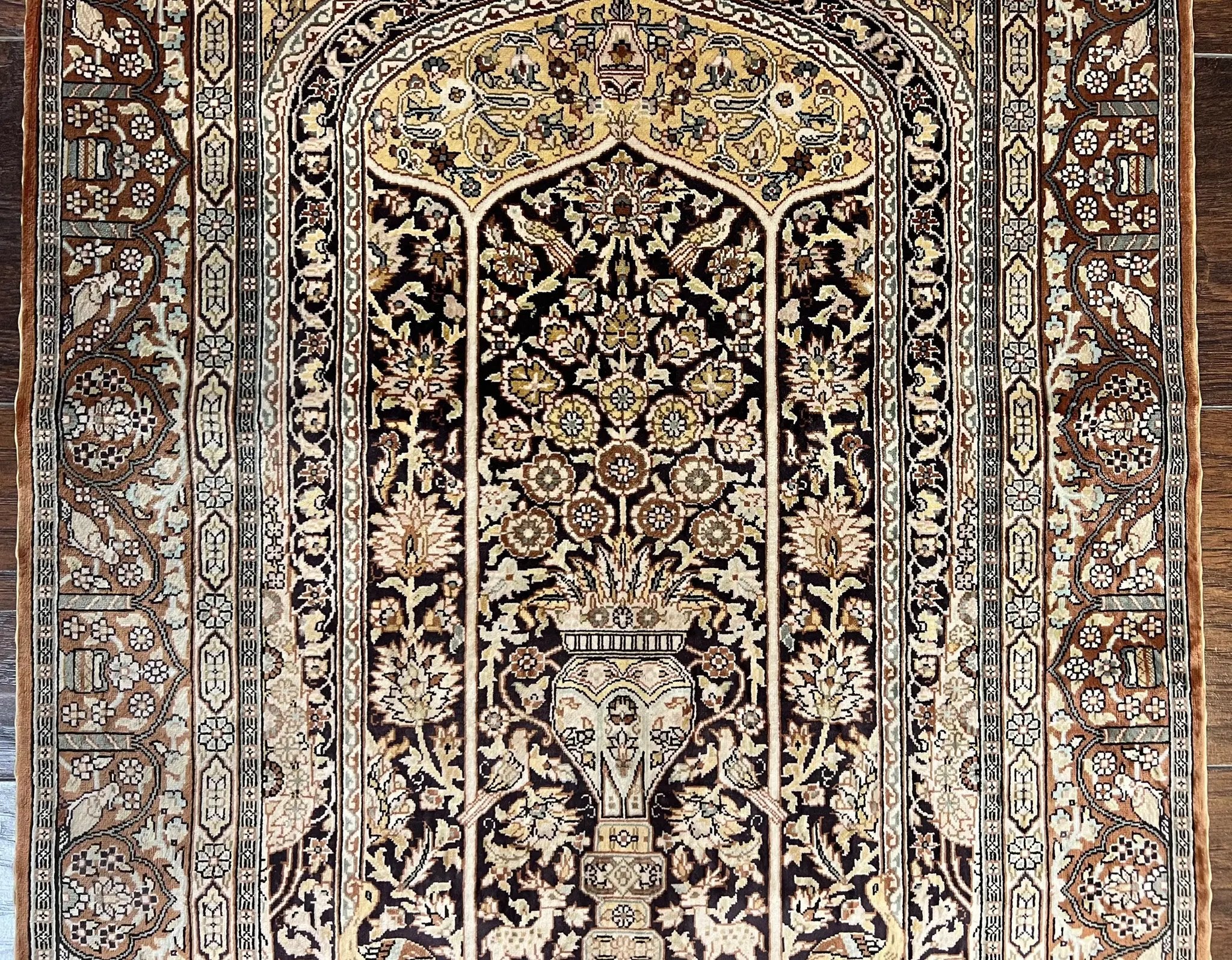 Turkish Silk Hereke Rug 2x3, Floral Vase Tree of Life Birds, Silk Pile on Silk Foundation, Vintage Oriental Carpet, Very Fine, Signature by Jewel Rugs
