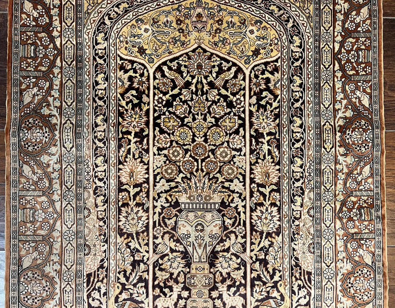 Turkish Silk Hereke Rug 2x3, Floral Vase Tree of Life Birds, Silk Pile on Silk Foundation, Vintage Oriental Carpet, Very Fine, Signature by Jewel Rugs