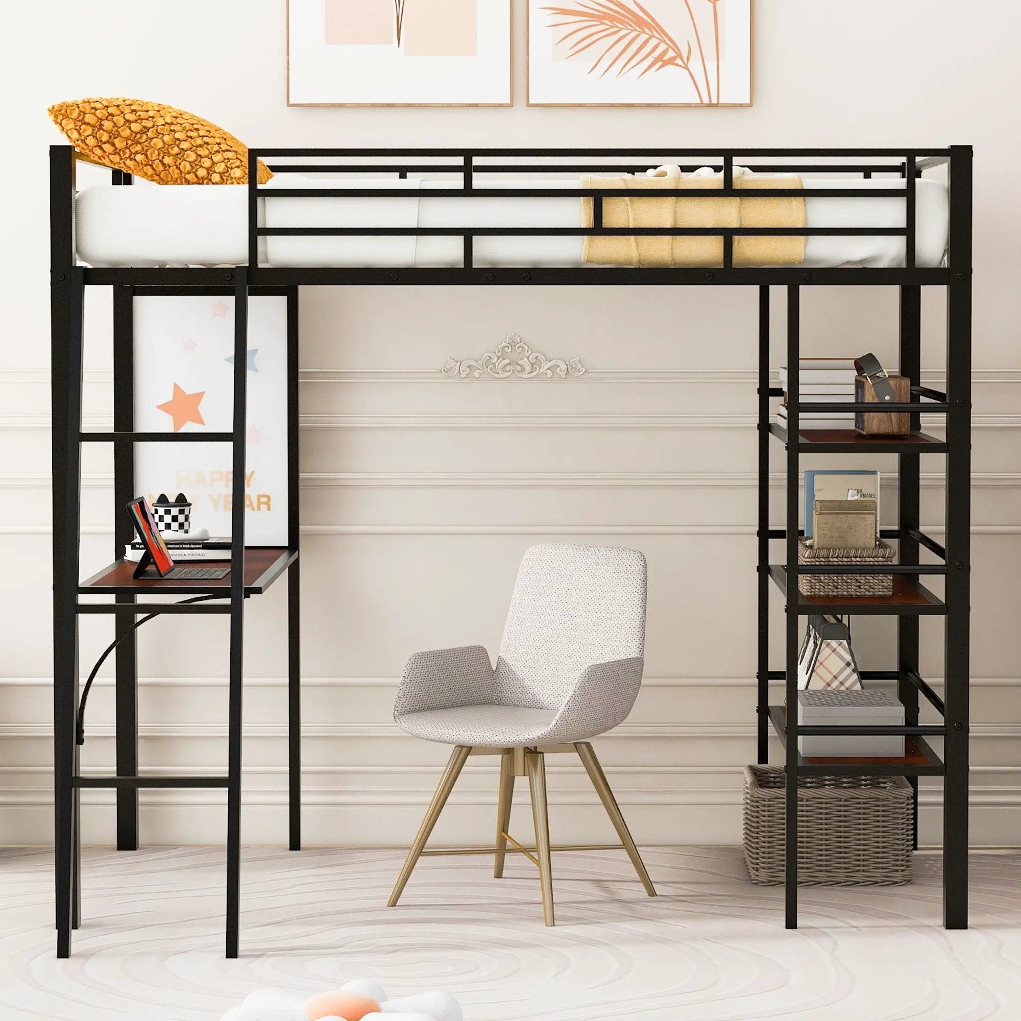 Loft Metal Bed With 3 Layers Of Shelves And Desk, Stylish Metal Frame Bed With board by HouseOfZazla