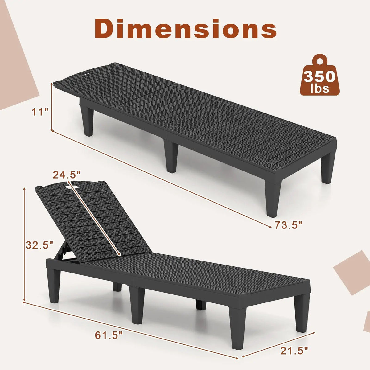 Outdoor PP Chaise Lounge Chairs Set of 2 with 4-Position Adjustable Backrests, photo 10 of 16