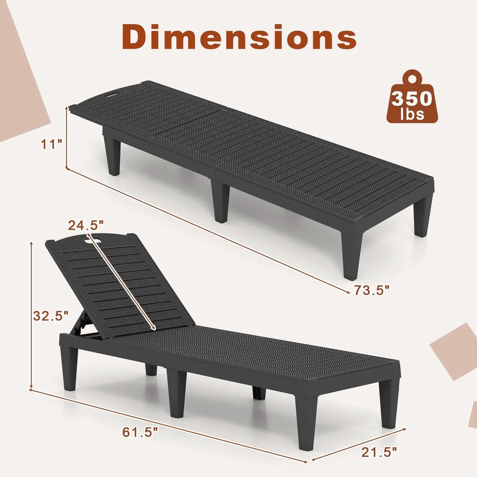Outdoor PP Chaise Lounge Chairs Set of 2 with 4-Position Adjustable Backrests by DirectDeals