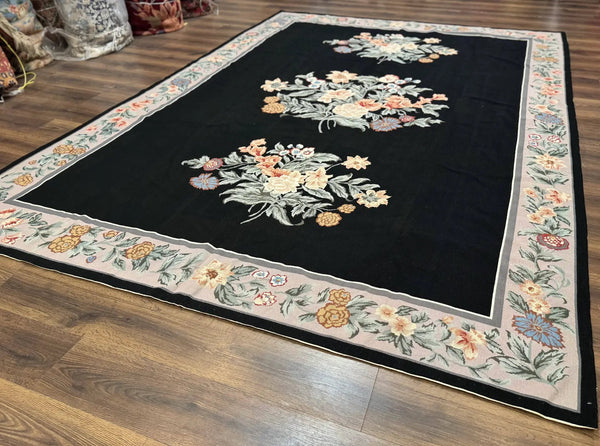 Black Needlepoint Rug 8x11 with Multicolor Flowers, Vintage Carpet, photo 2 of 12