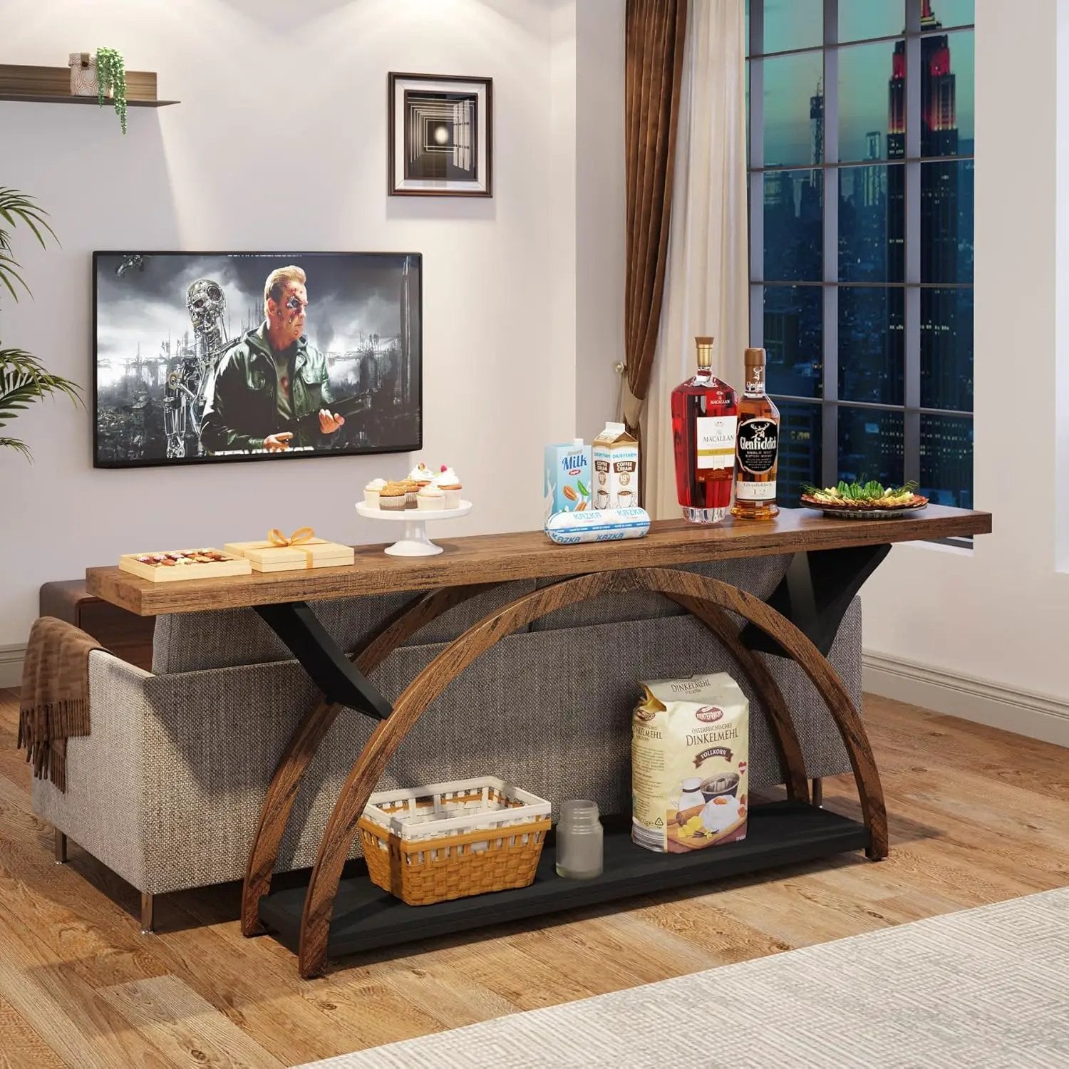 Console Table With 2 Tier Storage And Half Moon Frame For Hallway - Brown / Black by HouseOfZazla