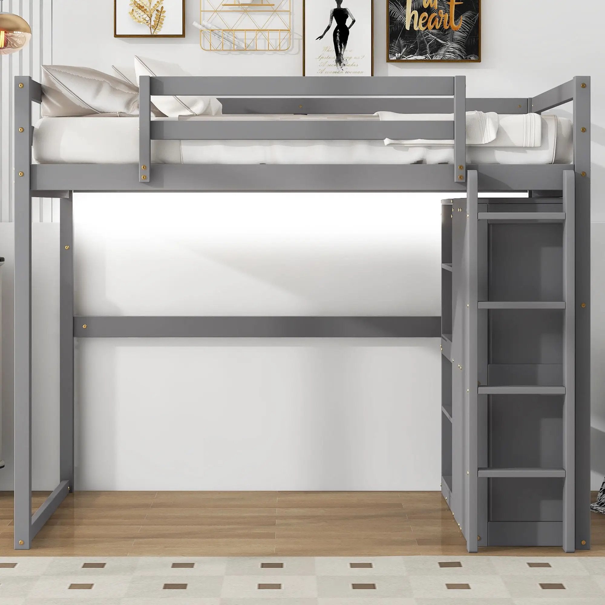 Loft Bed With Built In Wardrobe, Storage Shelves, And LED Light
