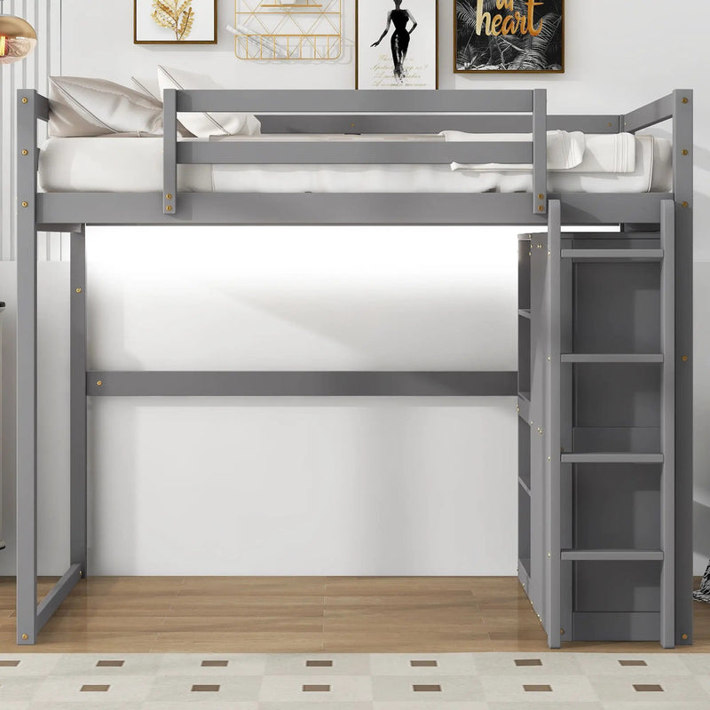 Loft Bed With Built In Wardrobe, Storage Shelves, And LED Light