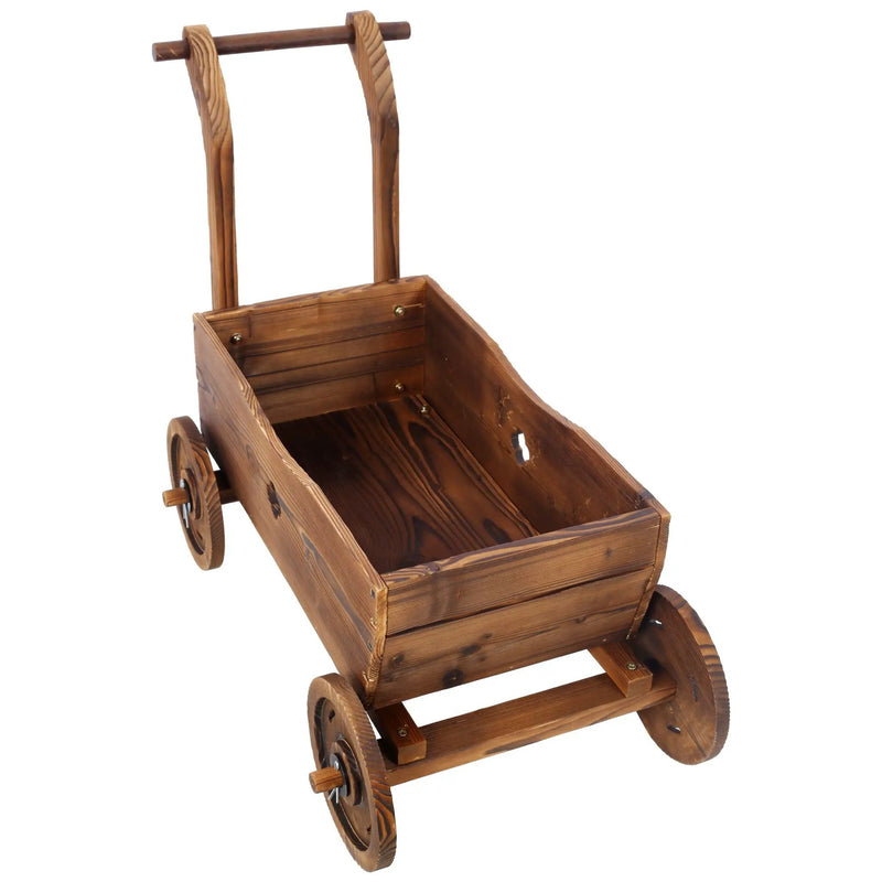 Wooden Wagon Planter Box Mobile Garden Planter With Wheels Handle Drain Hole Wood - Brown by Unique Piece Furniture