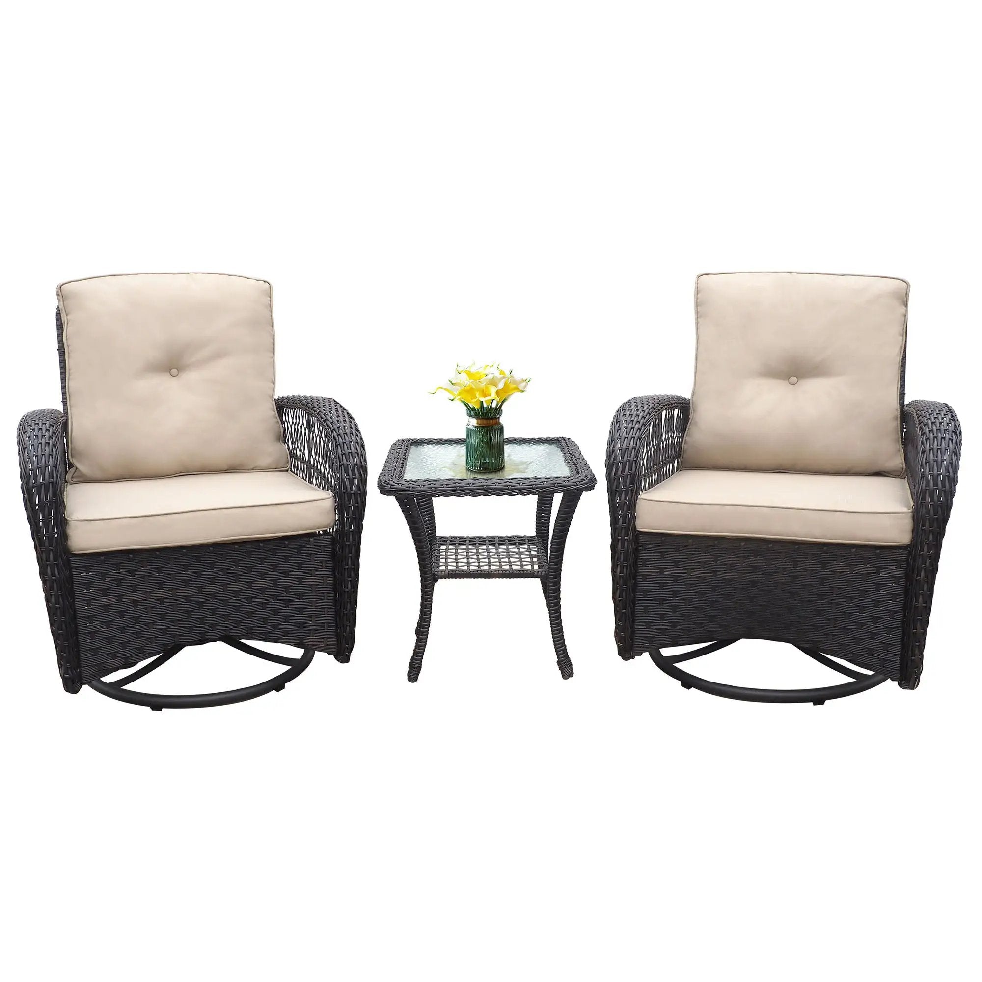 3 Pieces Conversation Set, Outdoor Wicker Rocker Swivel Patio Bistro Set, Rocking Chair With Glass Top Side Table by HouseOfZazla