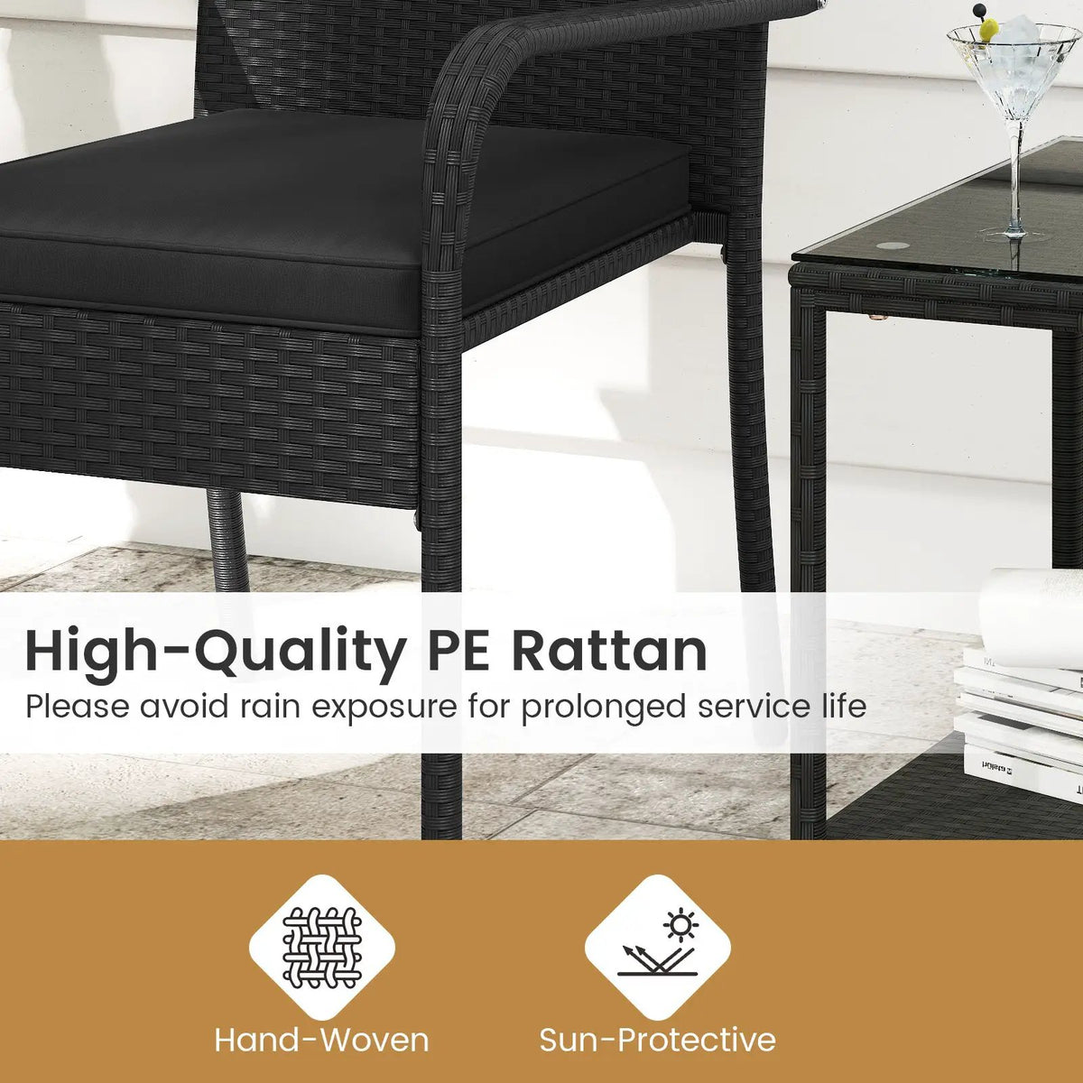 3 Piece Patio Furniture Set with Seat Cushions and Tempered Glass Tabletop, photo 19 of 24