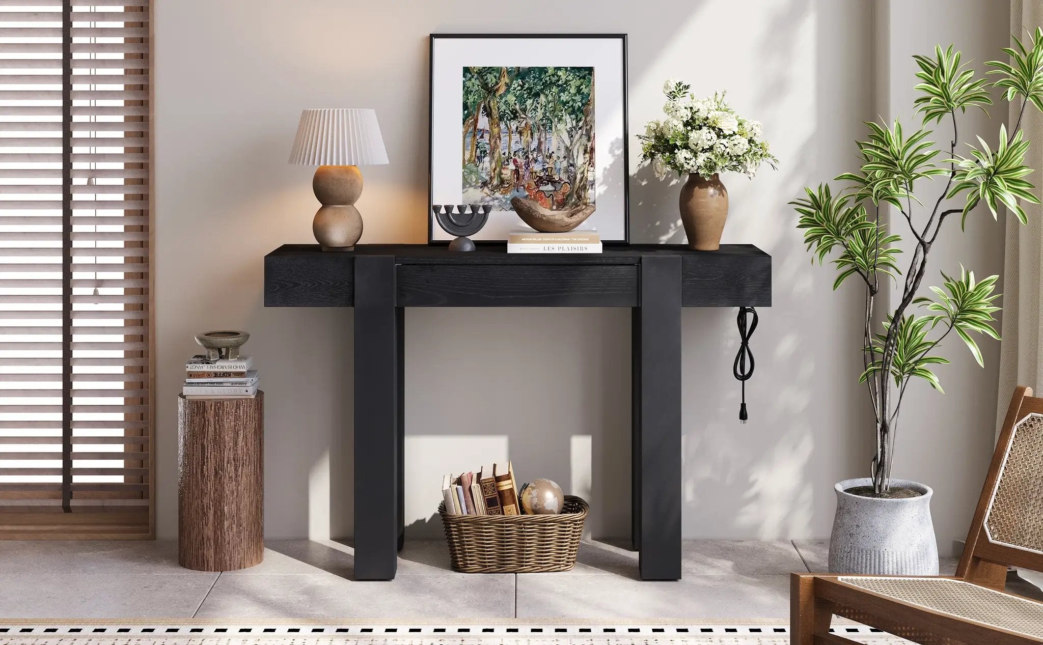 TREXM Rustic Minimalist Console Table with Hidden Drawer, Side Power Outlet by HouseOfZazla