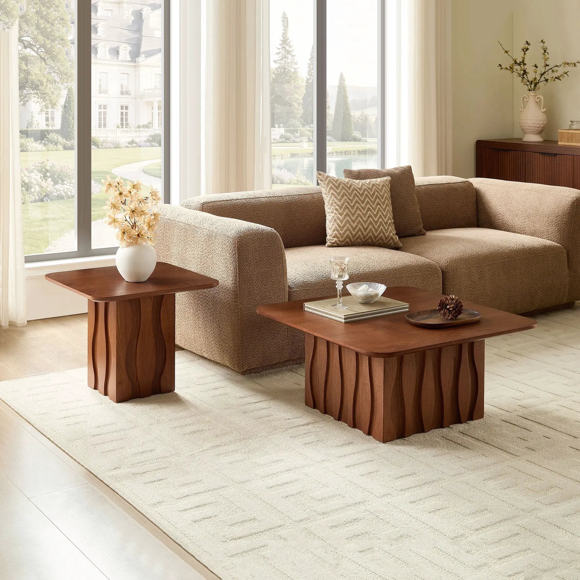 2PCS Nesting Square Coffee Table Mid-Century Wavy Fluted Base by HouseOfZazla