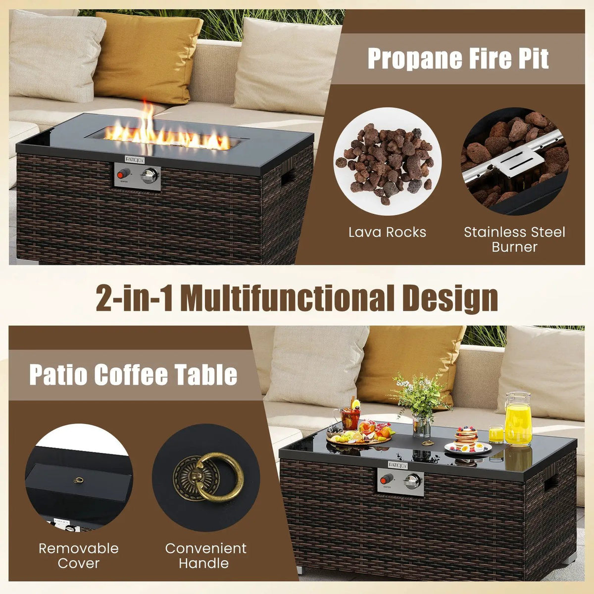 2-Piece Outdoor Rattan Fire Table Set 32 Inch Rectangle Gas Firepit with Tank Cover, photo 18 of 24