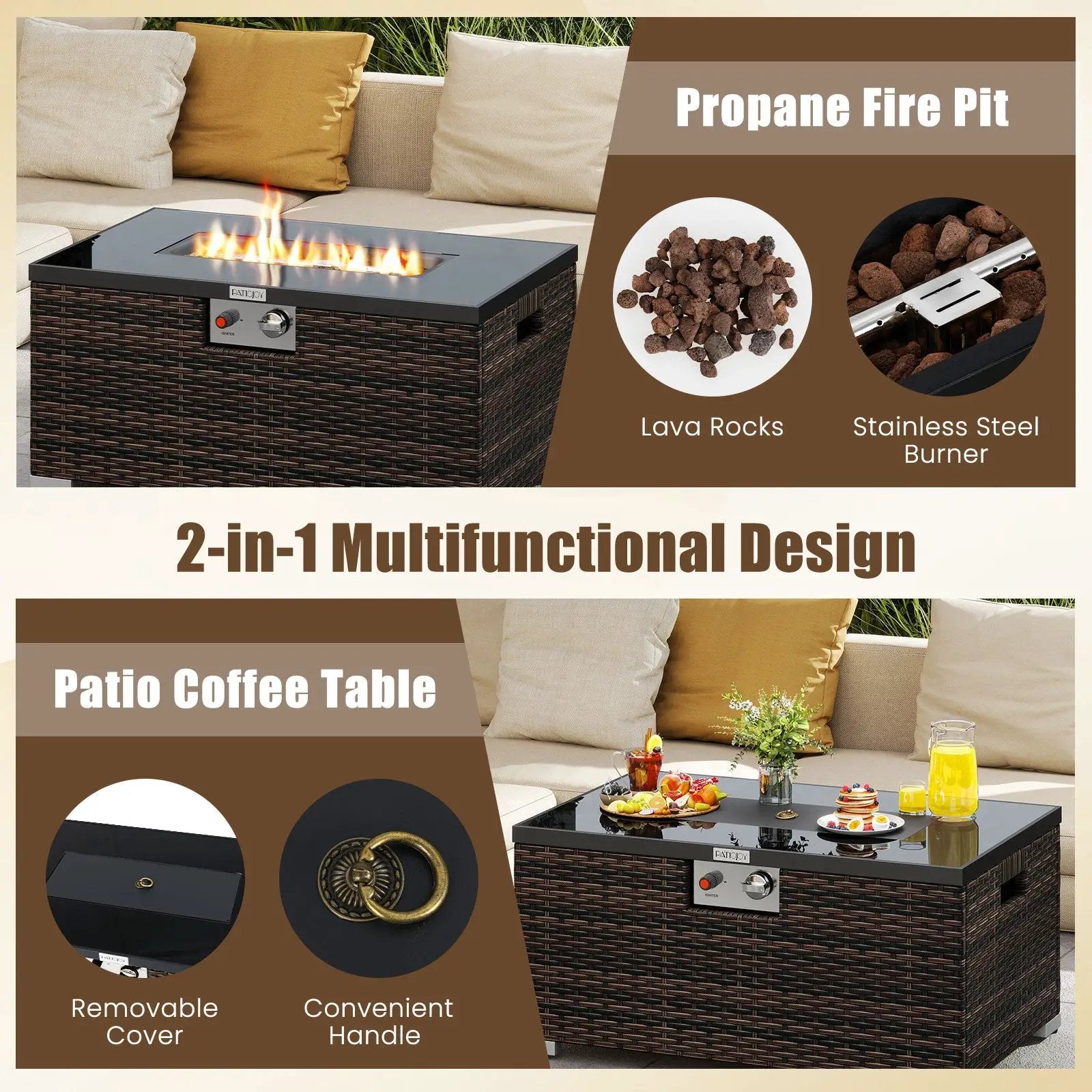 2-Piece Outdoor Rattan Fire Table Set 32 Inch Rectangle Gas Firepit with Tank Cover by DirectDeals