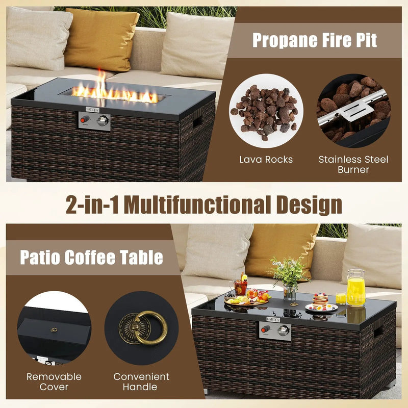2-Piece Outdoor Rattan Fire Table Set 32 Inch Rectangle Gas Firepit with Tank Cover by DirectDeals