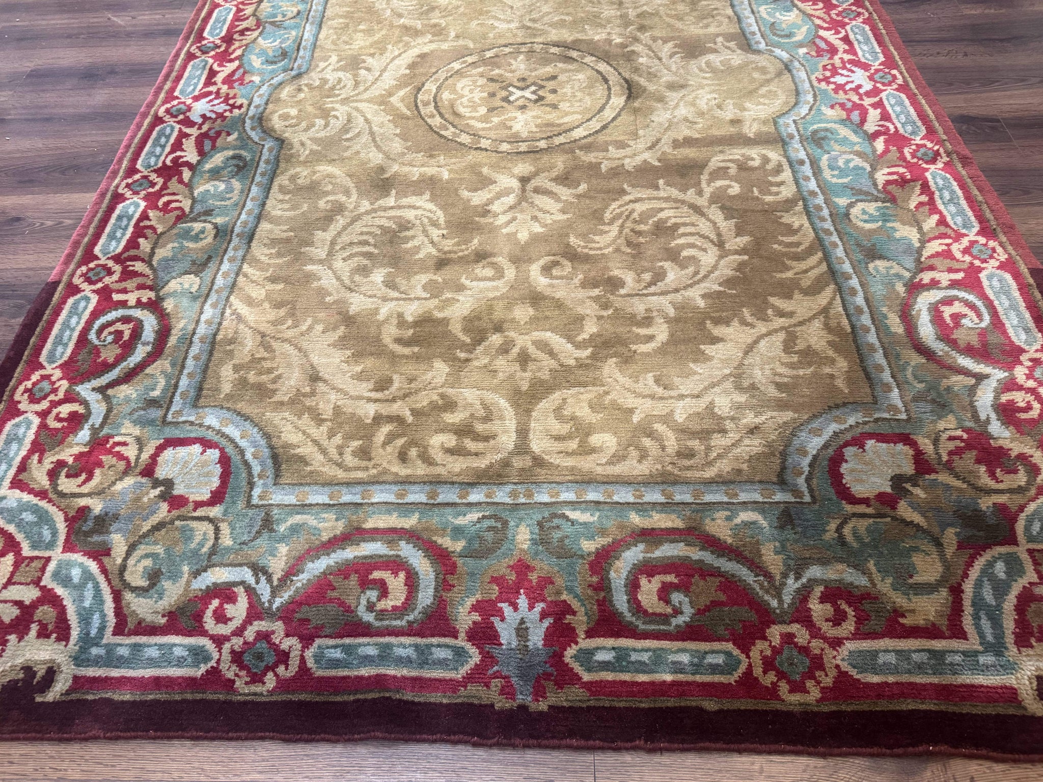 Tibetan Aubusson Rug 6x9, Gold-Beige, Soft Wool Pile, Handmade by Jewel Rugs