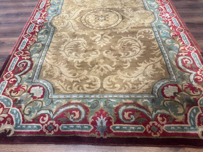 Tibetan Aubusson Rug 6x9, Gold-Beige, Soft Wool Pile, Handmade by Jewel Rugs