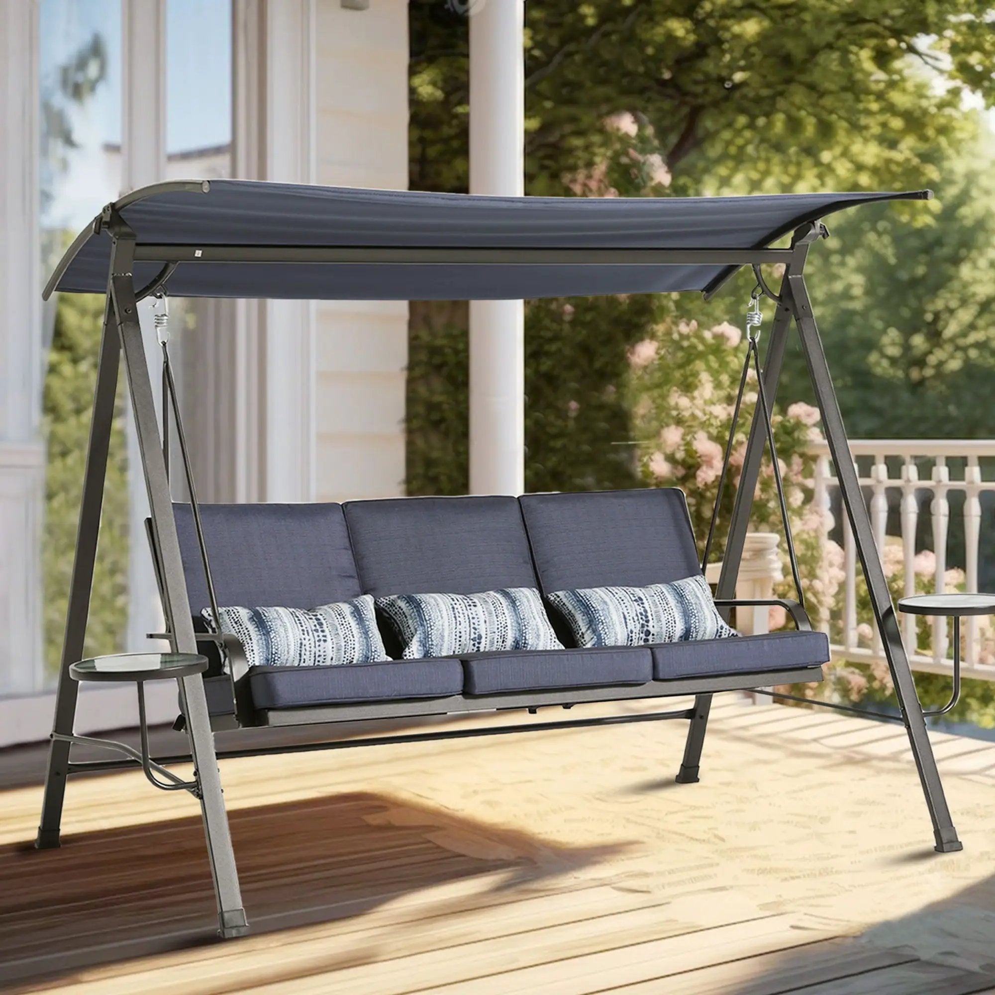 Steel 3 Seater Swing Porch Swing With Canopy - Blue by HouseOfZazla